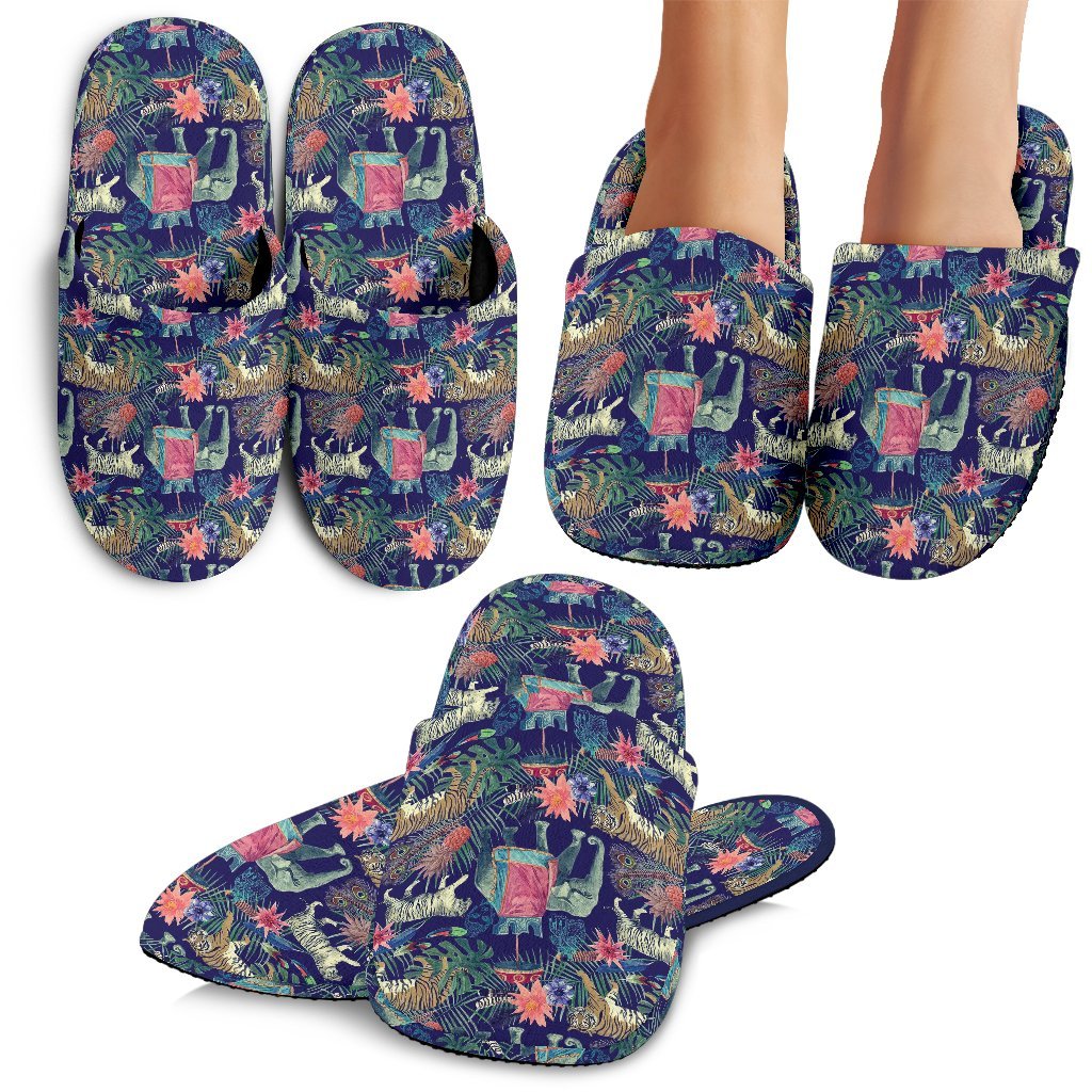 Tropical Palm Leave Peacock Tiger Elephant Premium Home Slippers-grizzshop