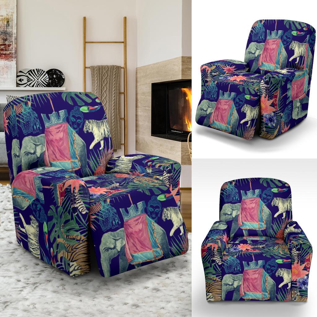 Tropical Palm Leave Peacock Tiger Elephant Recliner Cover-grizzshop