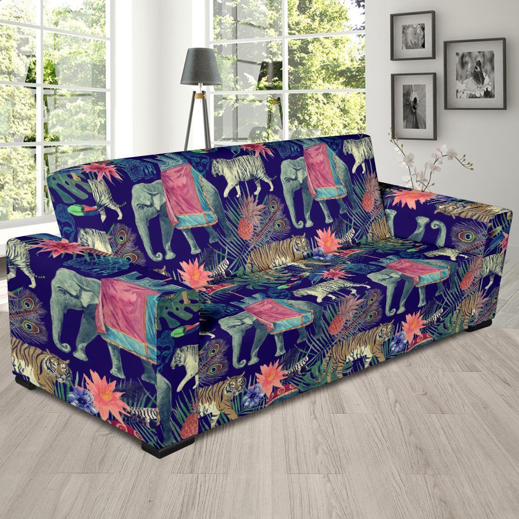 Tropical Palm Leave Peacock Tiger Elephant Sofa Covers-grizzshop