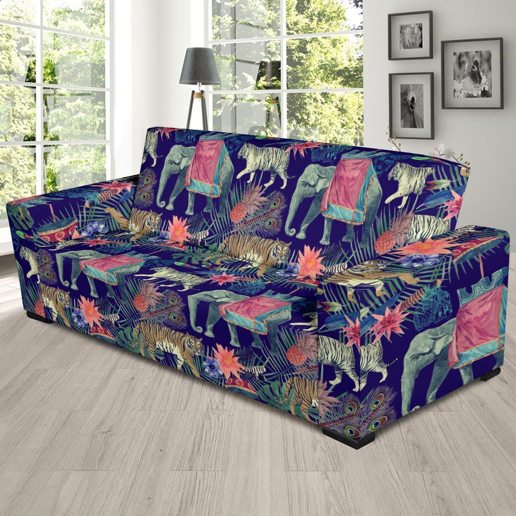 Tropical Palm Leave Peacock Tiger Elephant Sofa Covers-grizzshop