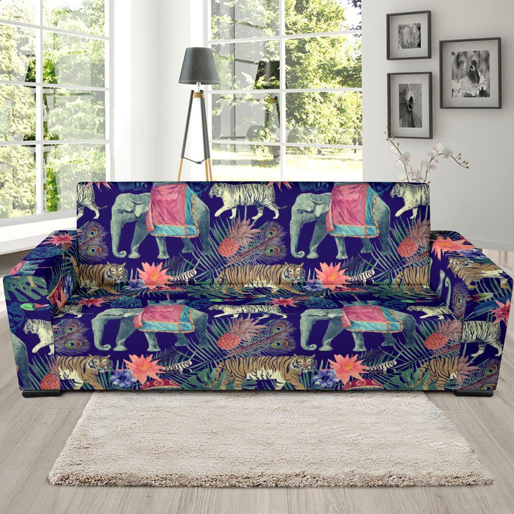 Tropical Palm Leave Peacock Tiger Elephant Sofa Covers-grizzshop