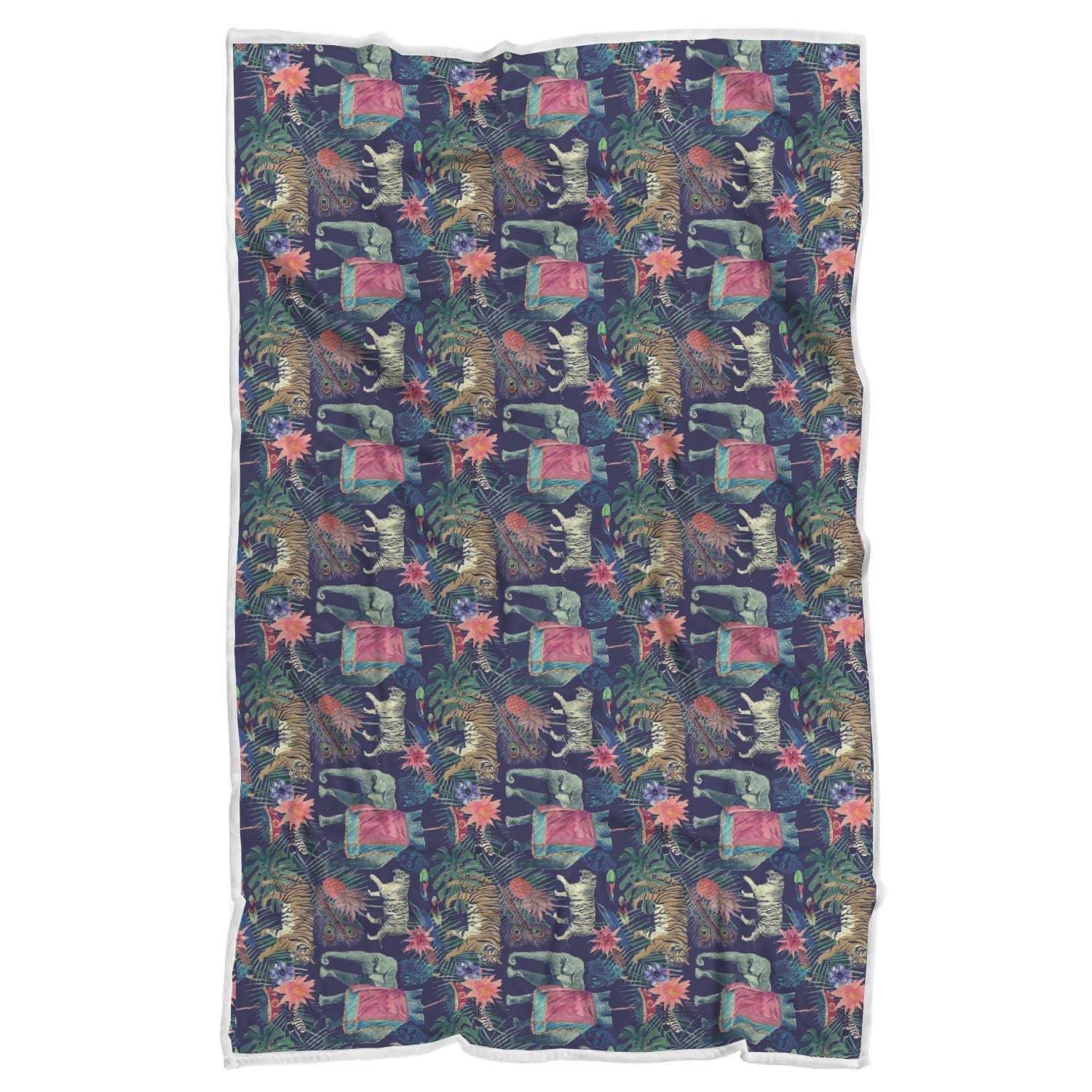 Tropical Palm Leave Peacock Tiger Elephant Throw Blanket-grizzshop