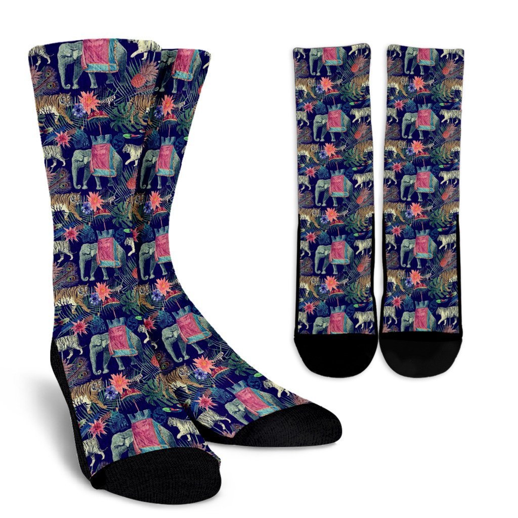 Tropical Palm Leave Peacock Tiger Elephant Unisex Crew Socks-grizzshop