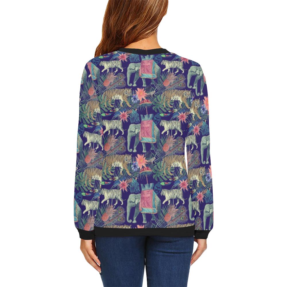 Tropical Palm Leave Peacock Tiger Elephant Women Crewneck Sweatshirt-grizzshop