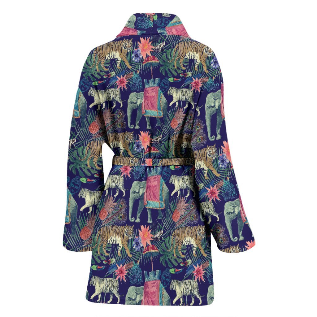 Tropical Palm Leave Peacock Tiger Elephant Women Long Robe-grizzshop