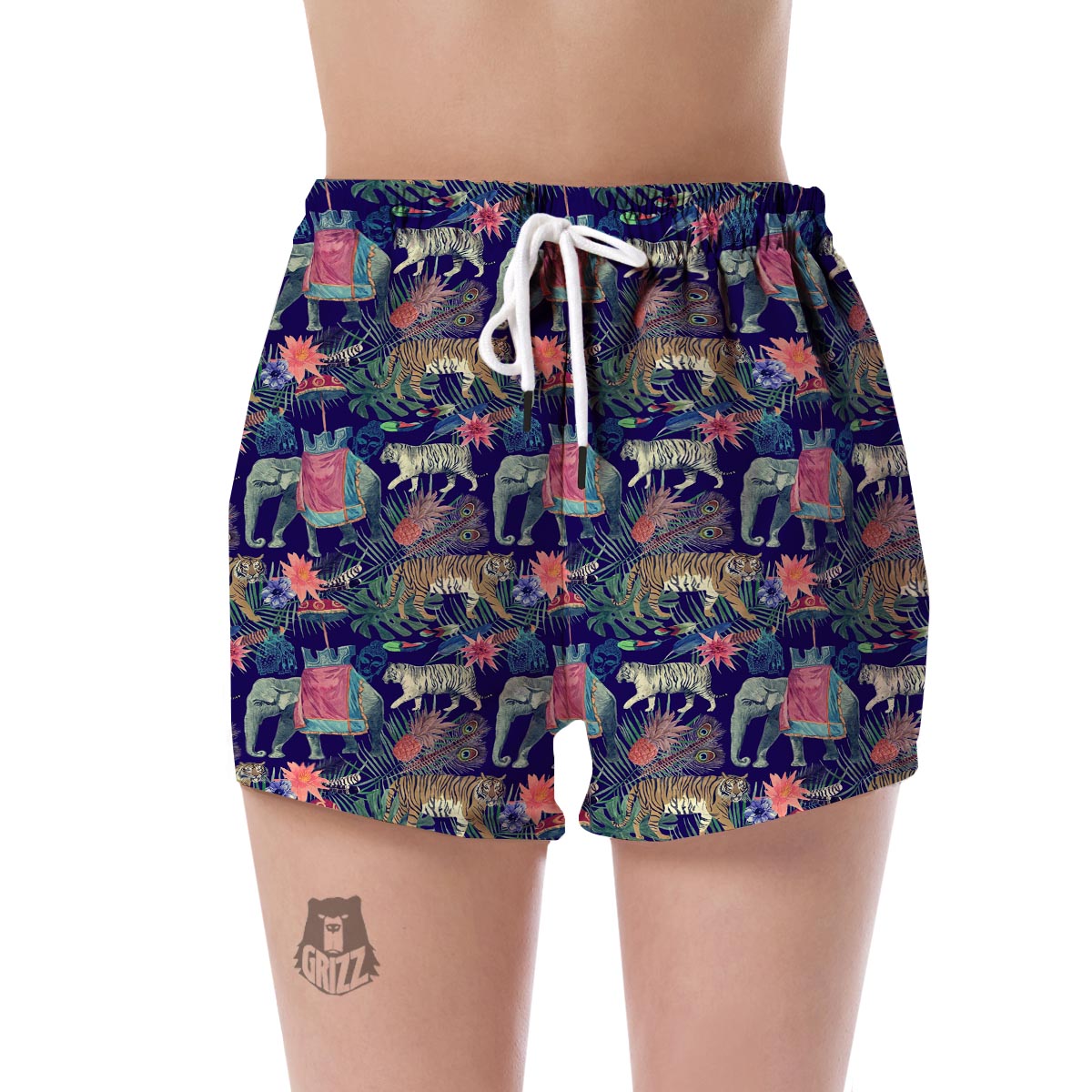 Tropical Palm Leave Peacock Tiger Elephant Women's Shorts-grizzshop