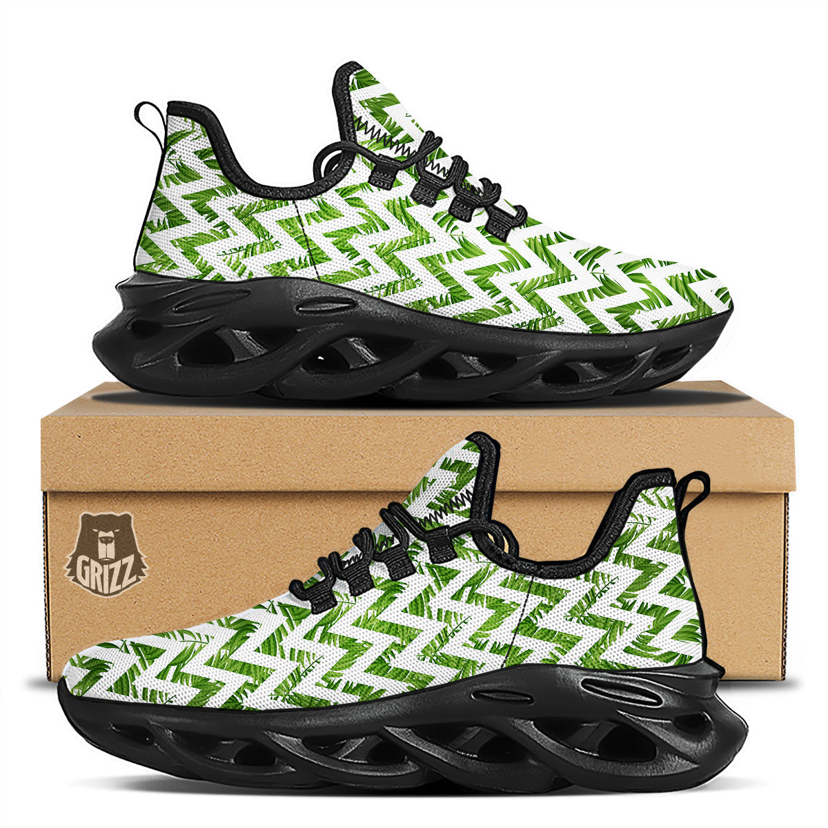 Tropical Palm Leaves Tropical Zigzag Print Pattern Black Running Shoes-grizzshop
