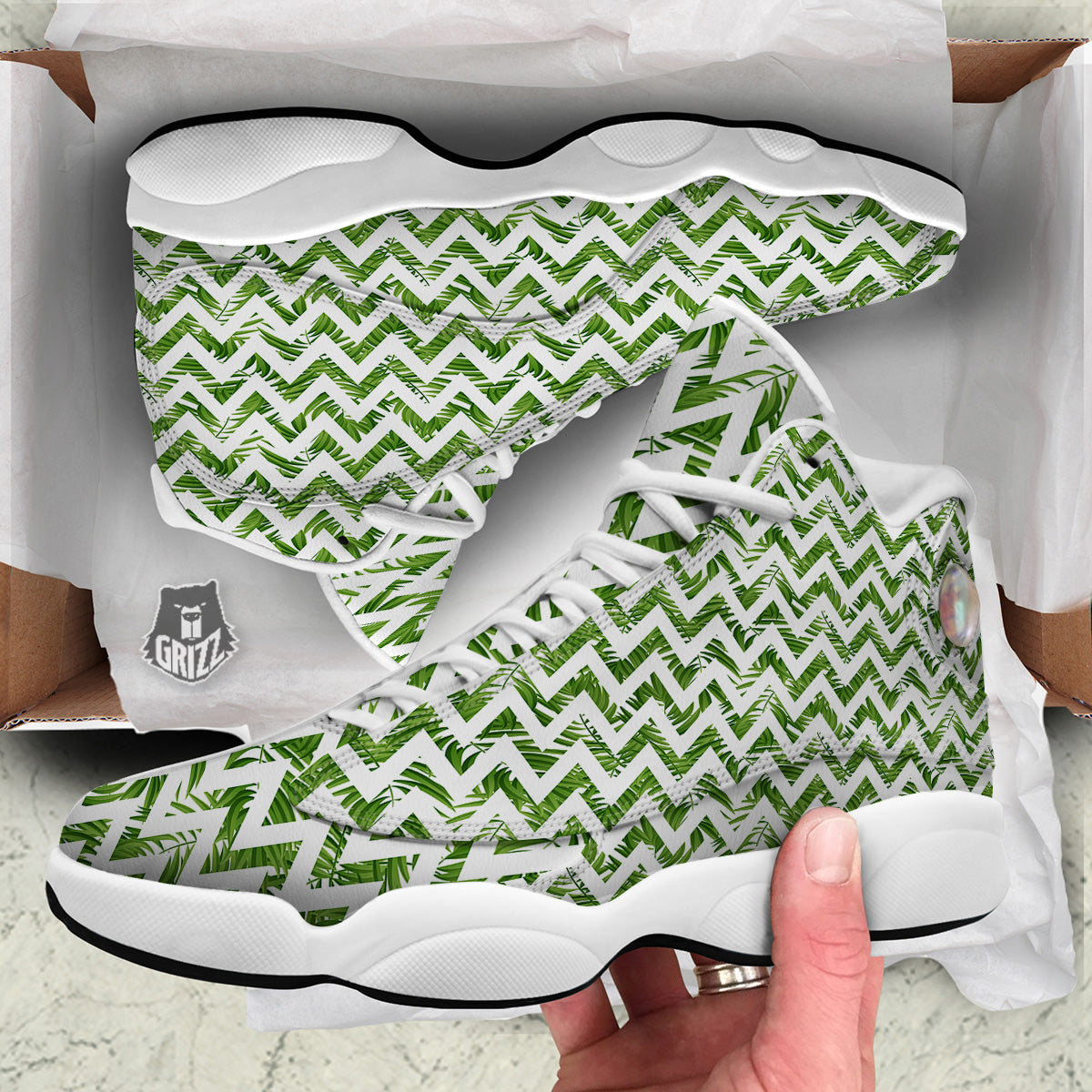 Tropical Palm Leaves Tropical Zigzag Print Pattern White Basketball Shoes-grizzshop