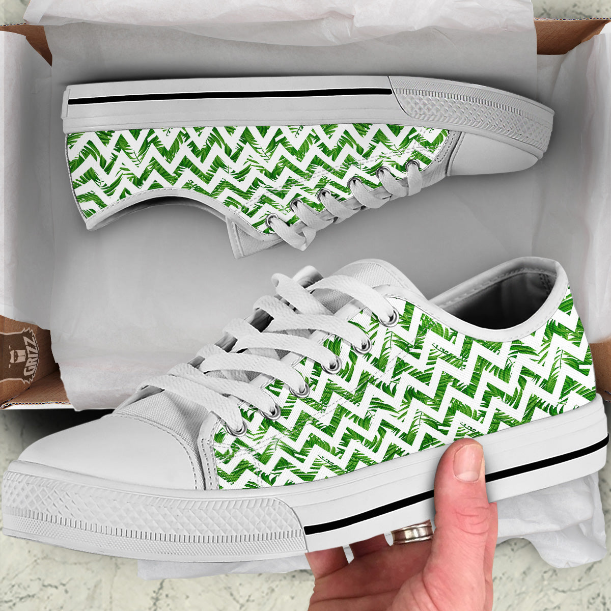 Tropical Palm Leaves Tropical Zigzag Print Pattern White Low Top Shoes-grizzshop
