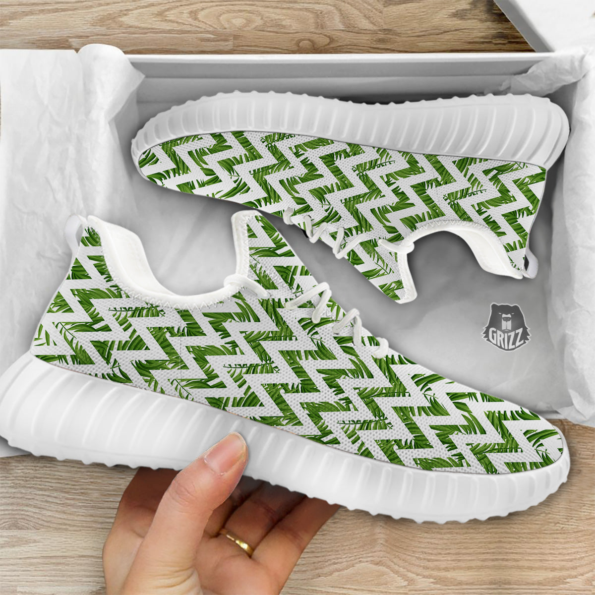 Tropical Palm Leaves Tropical Zigzag Print Pattern White Walking Shoes-grizzshop