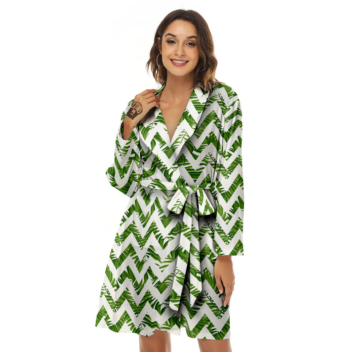 Tropical Palm Leaves Tropical Zigzag Print Pattern Women's Robe-grizzshop