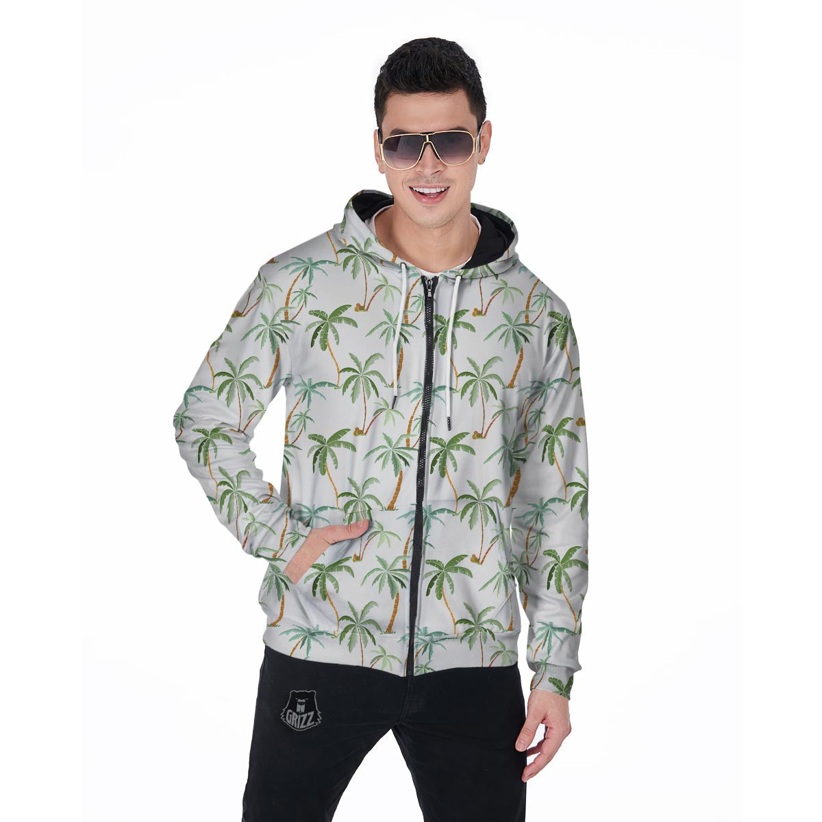 Tropical Palm Tree Hawaiian Print Men's Zip Up Hoodie-grizzshop
