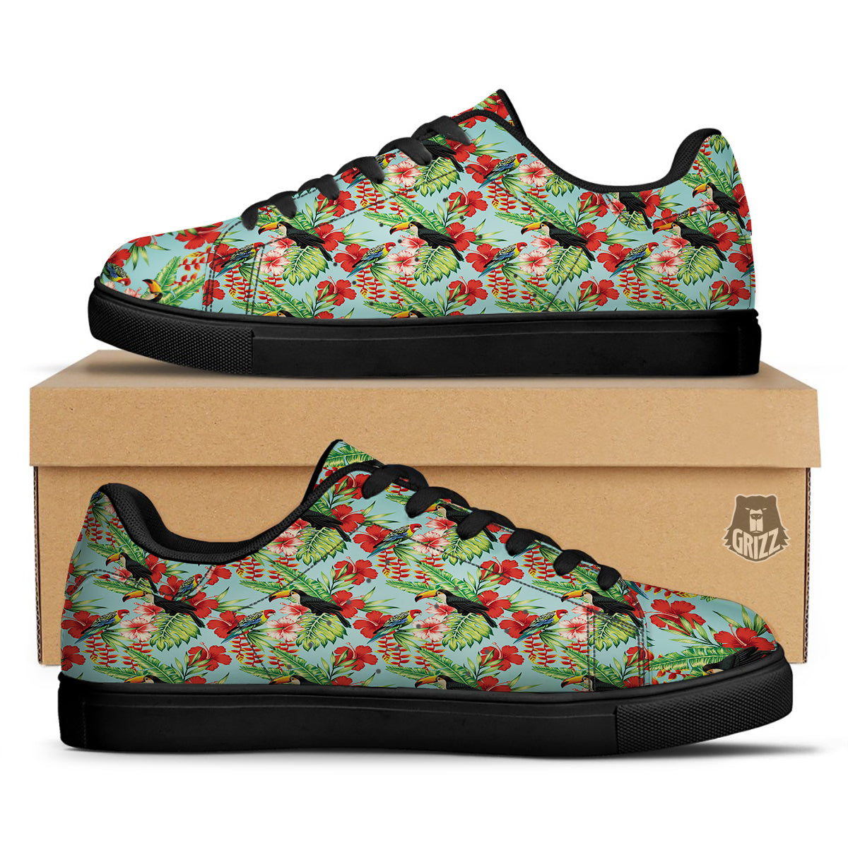 Tropical Parrot Toucan Print Pattern Black Low Top Sneakers-grizzshop