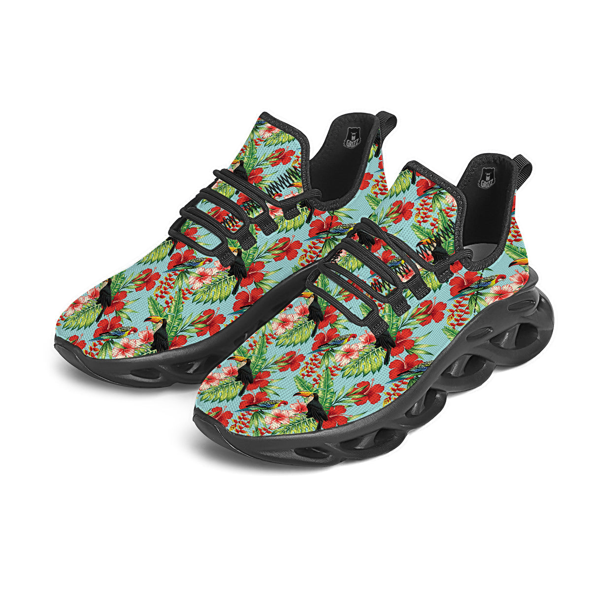 Tropical Parrot Toucan Print Pattern Black Running Shoes-grizzshop