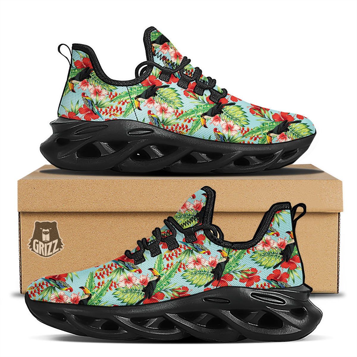 Tropical Parrot Toucan Print Pattern Black Running Shoes-grizzshop