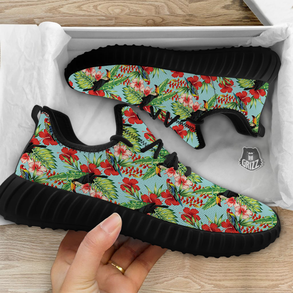 Tropical Parrot Toucan Print Pattern Black Walking Shoes-grizzshop