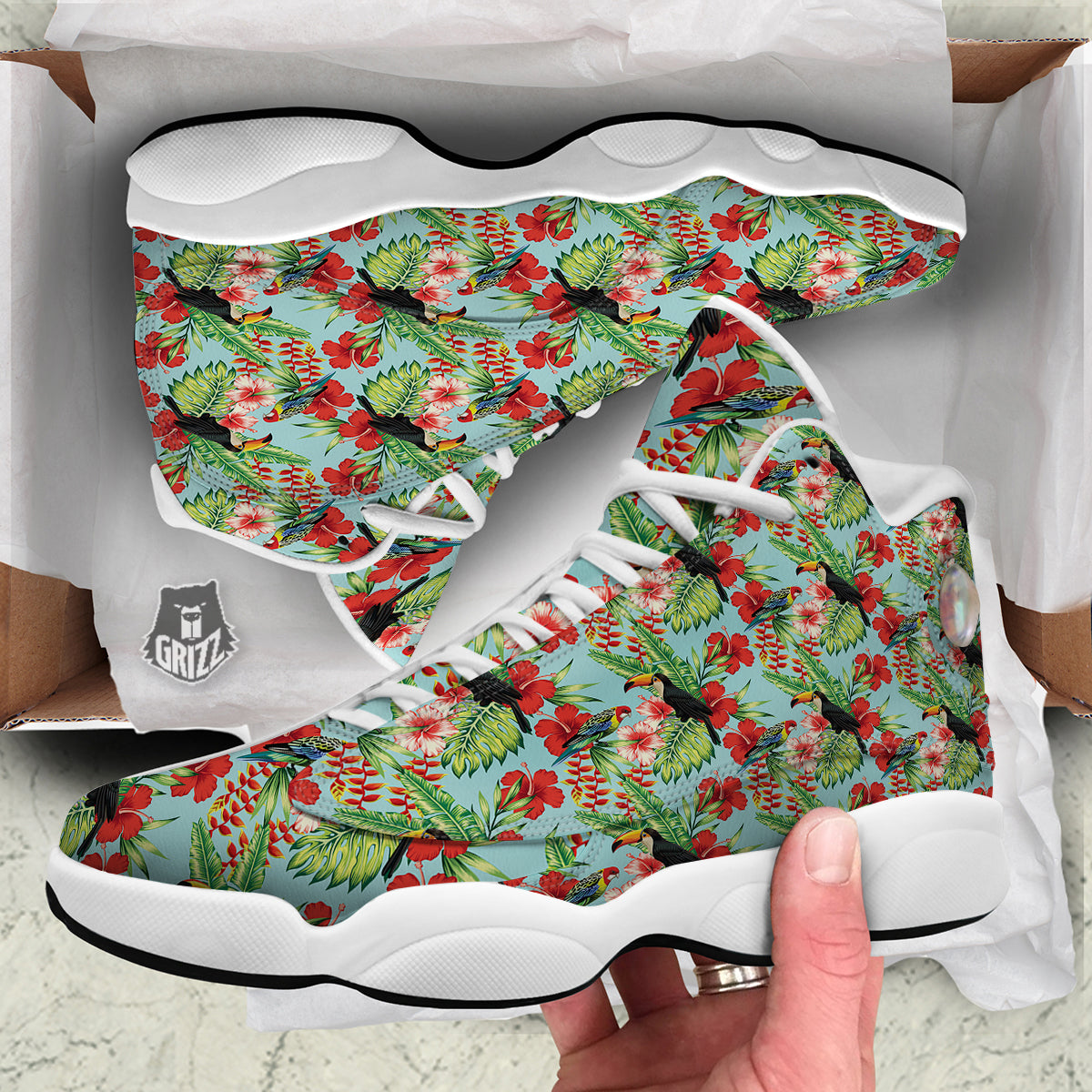 Tropical Parrot Toucan Print Pattern White Basketball Shoes-grizzshop