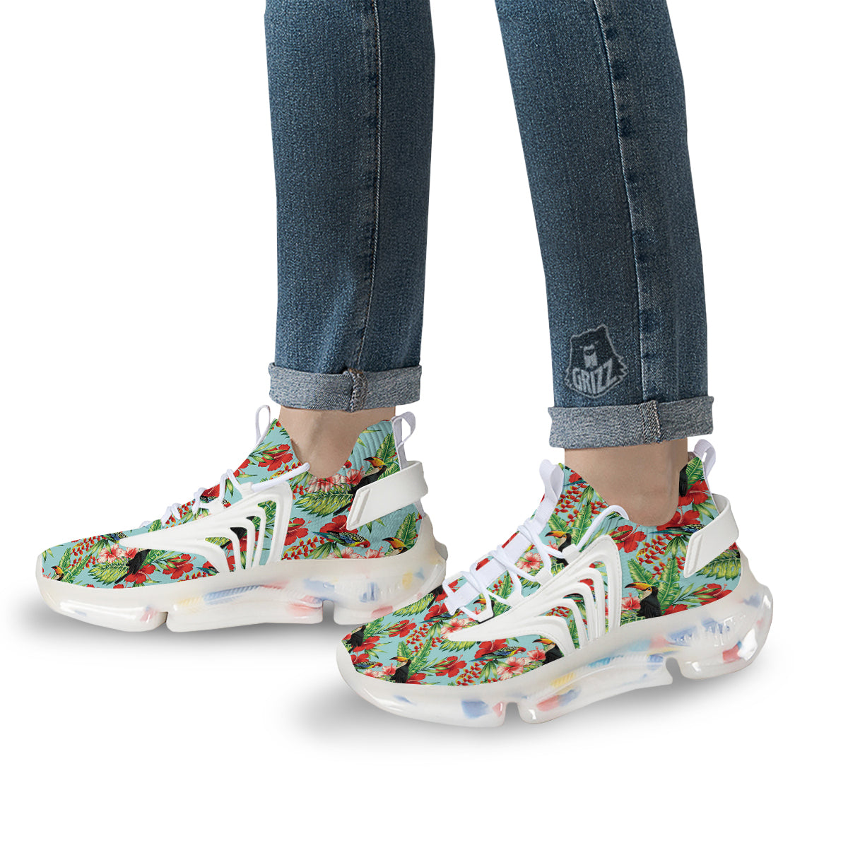 Tropical Parrot Toucan Print Pattern White Gym Shoes-grizzshop