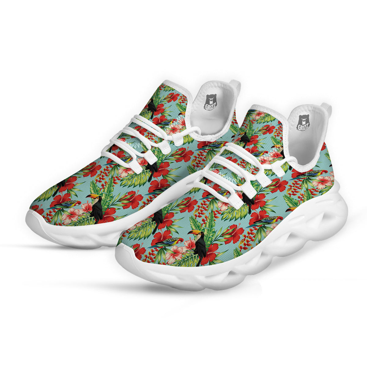Tropical Parrot Toucan Print Pattern White Running Shoes-grizzshop