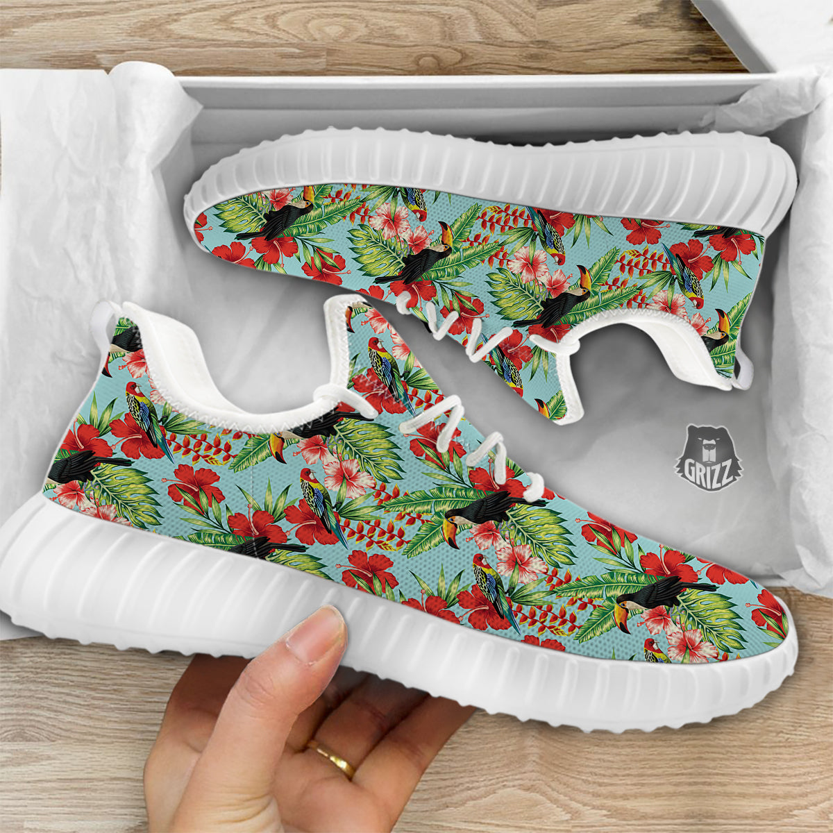 Tropical Parrot Toucan Print Pattern White Walking Shoes-grizzshop