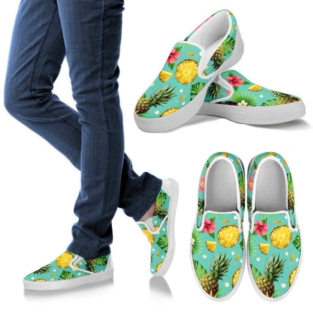 Tropical Pineapple Blue Print Women Canvas Slip On Shoes-grizzshop