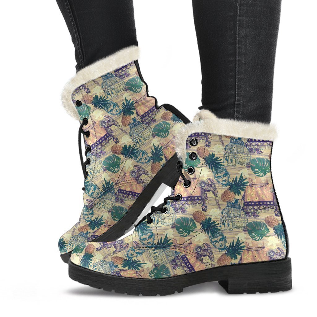 Tropical Pineapple Buddha Elephant Print Comfy Winter Boots-grizzshop