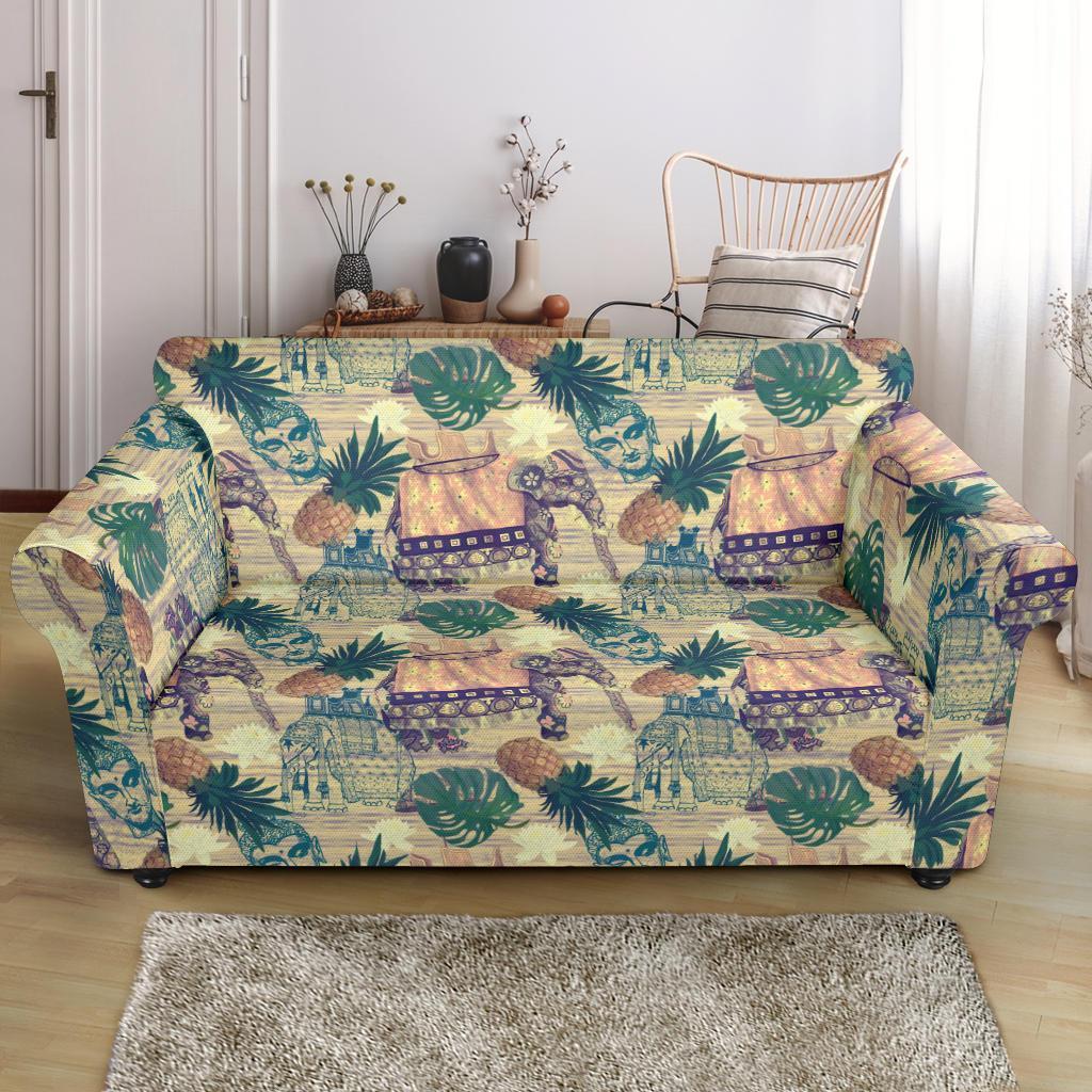 Tropical Pineapple Buddha Elephant Print Loveseat Cover-grizzshop