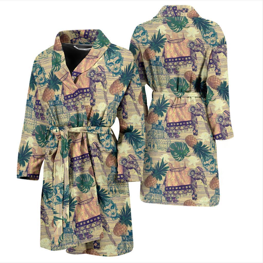 Tropical Pineapple Buddha Elephant Print Men Long Robe-grizzshop