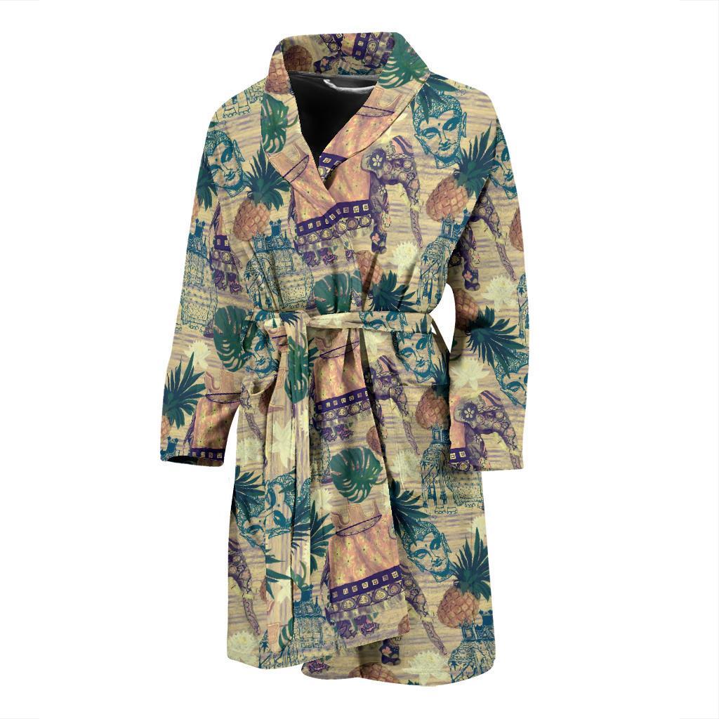 Tropical Pineapple Buddha Elephant Print Men Long Robe-grizzshop