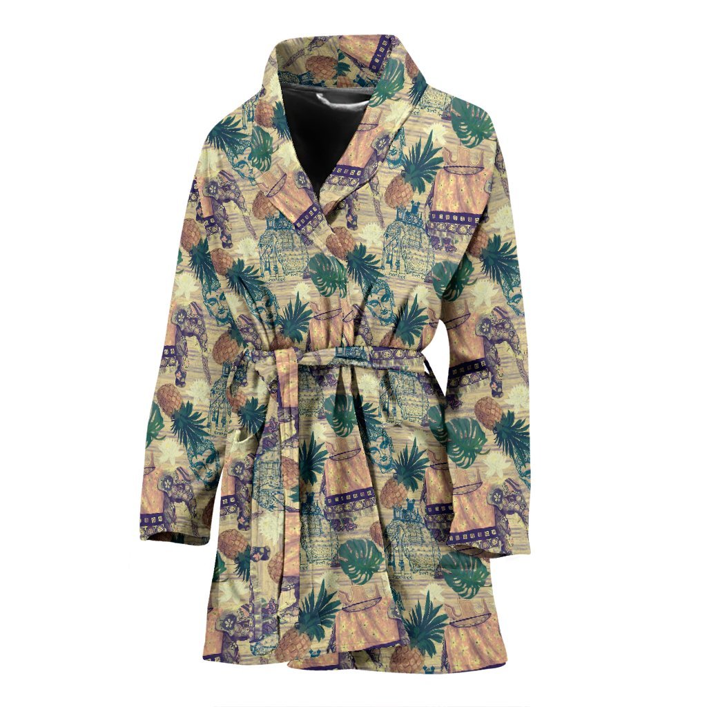 Tropical Pineapple Buddha Elephant Print Women Long Robe-grizzshop