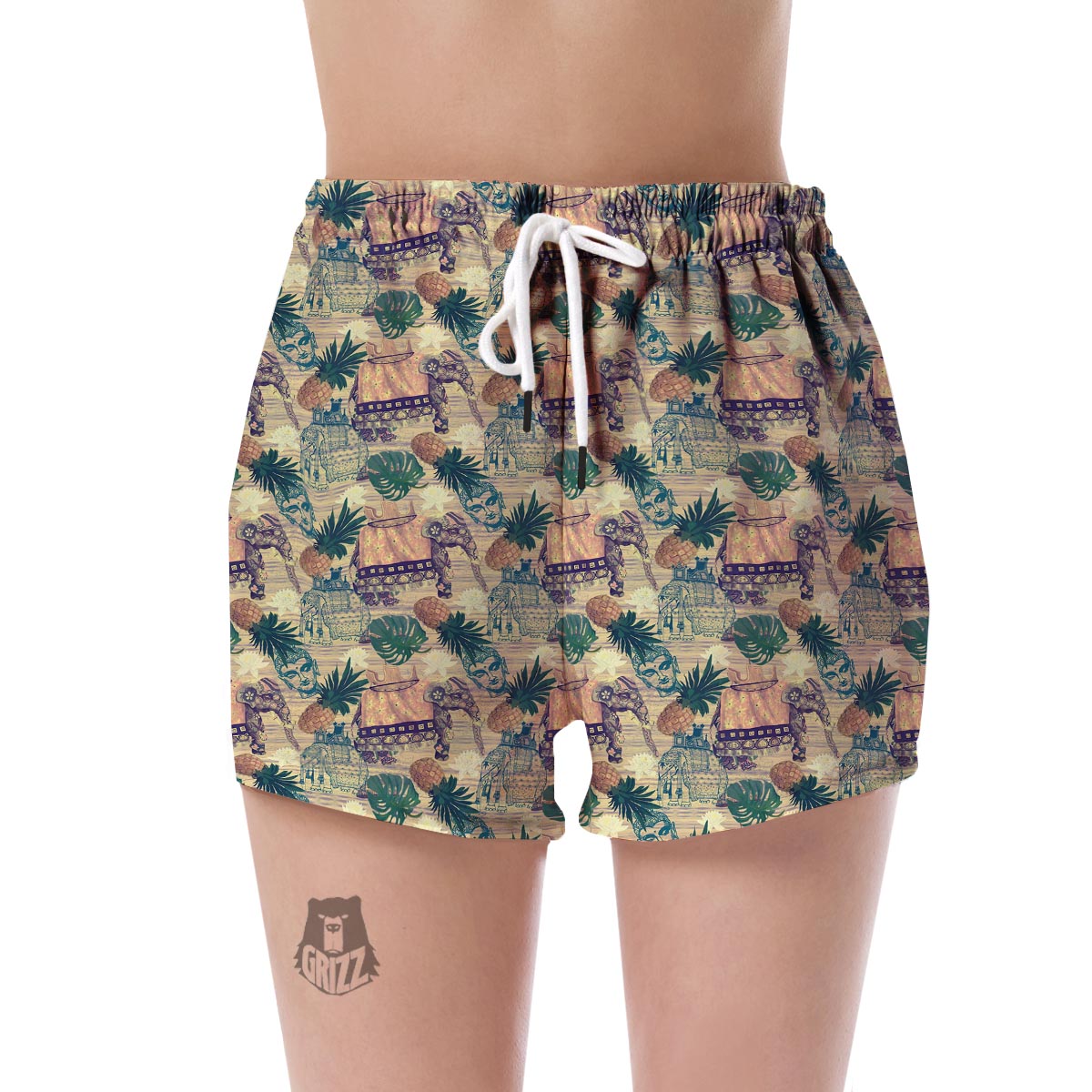 Tropical Pineapple Buddha Elephant Print Women's Shorts-grizzshop