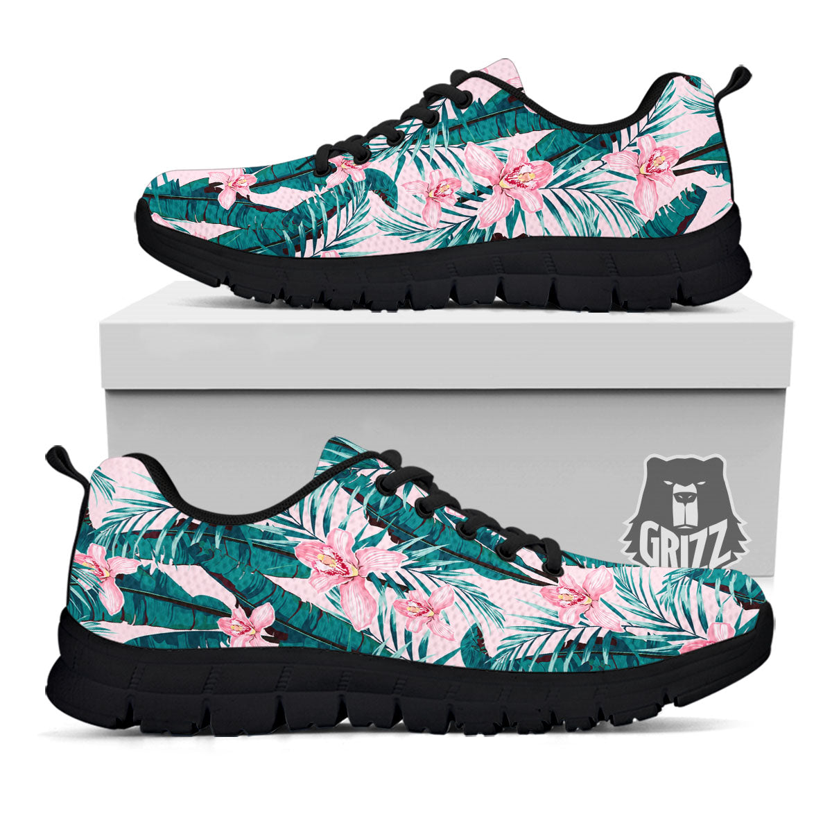 Tropical Pink Hawaiian Print Pattern Black Sneaker-grizzshop