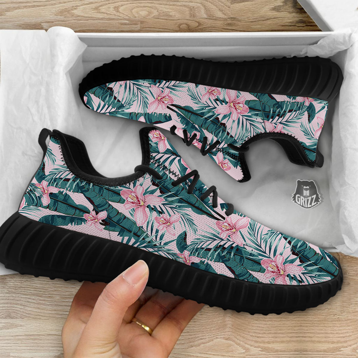 Tropical Pink Hawaiian Print Pattern Black Walking Shoes-grizzshop