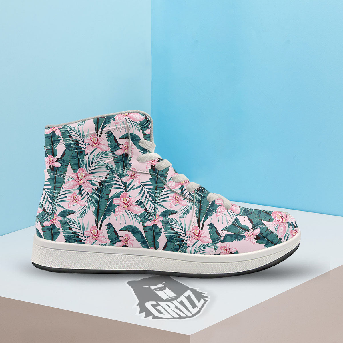 Tropical Pink Hawaiian Print Pattern High Top Sneakers-grizzshop