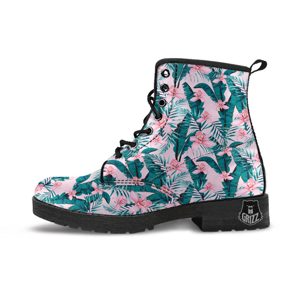 Tropical Pink Hawaiian Print Pattern Leather Boots-grizzshop