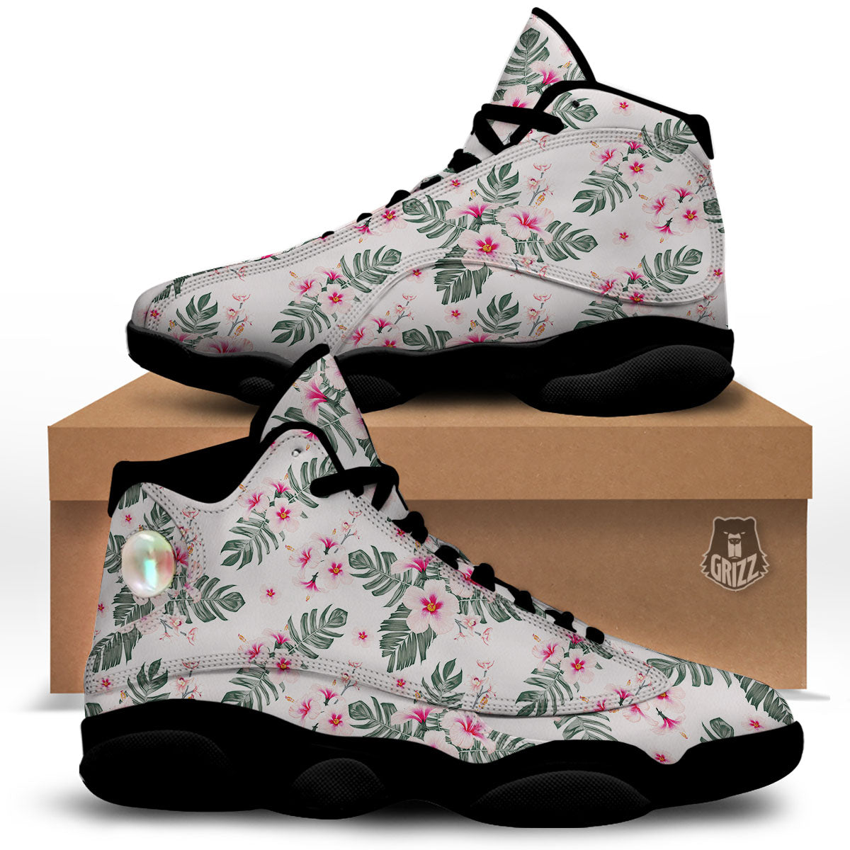 Tropical Pink Hibiscus Print Pattern Black Basketball Shoes-grizzshop