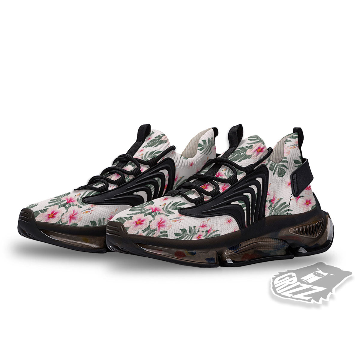 Tropical Pink Hibiscus Print Pattern Black Gym Shoes-grizzshop