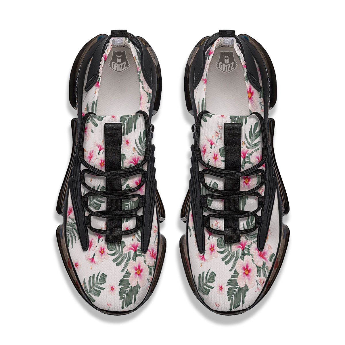 Tropical Pink Hibiscus Print Pattern Black Gym Shoes-grizzshop