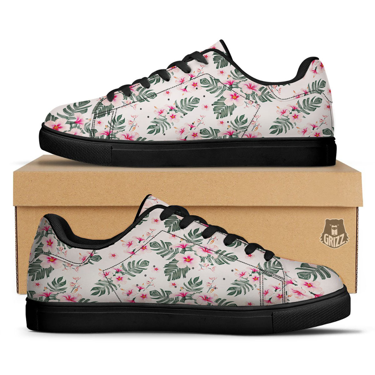 Tropical Pink Hibiscus Print Pattern Black Low Top Sneakers-grizzshop