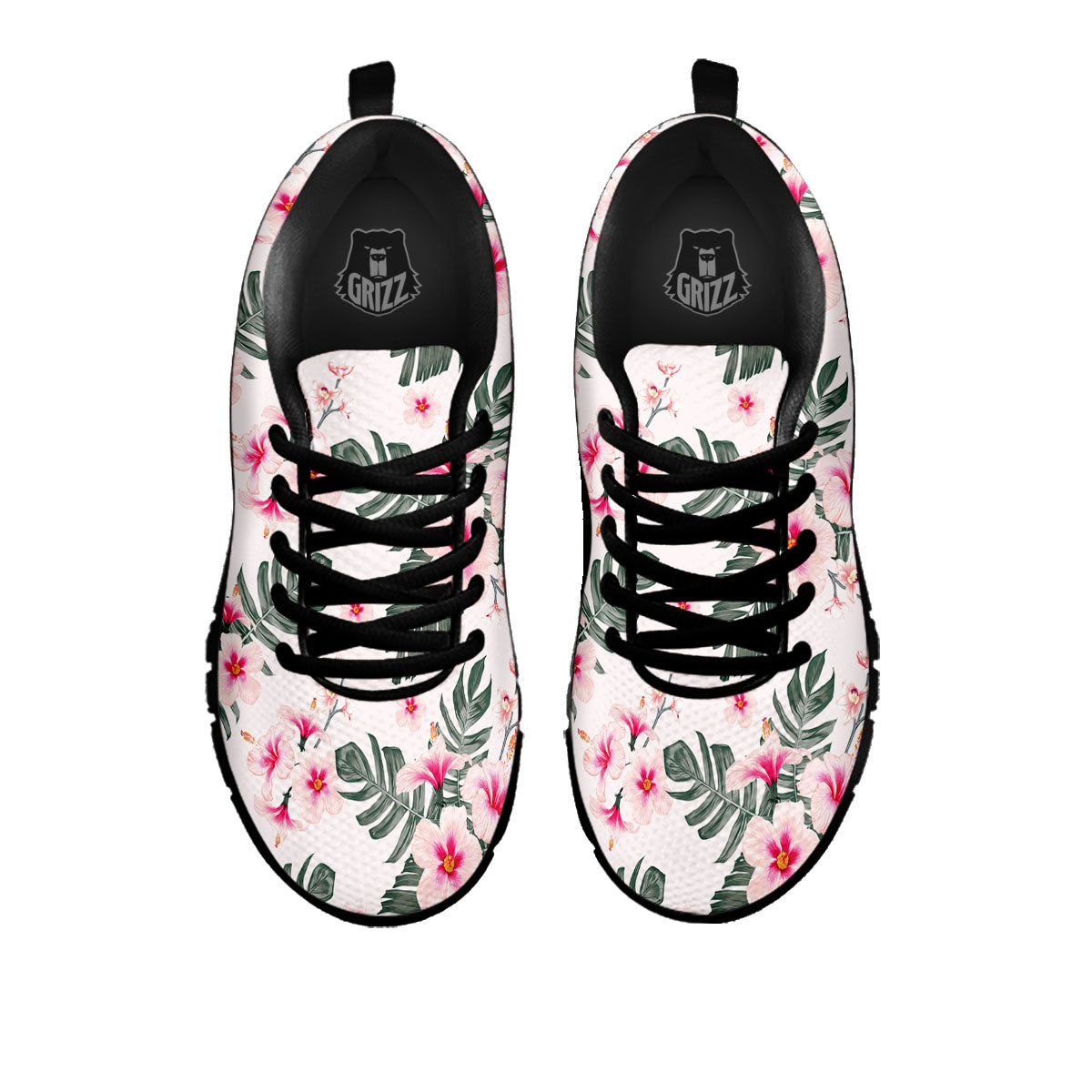 Tropical Pink Hibiscus Print Pattern Black Sneaker-grizzshop