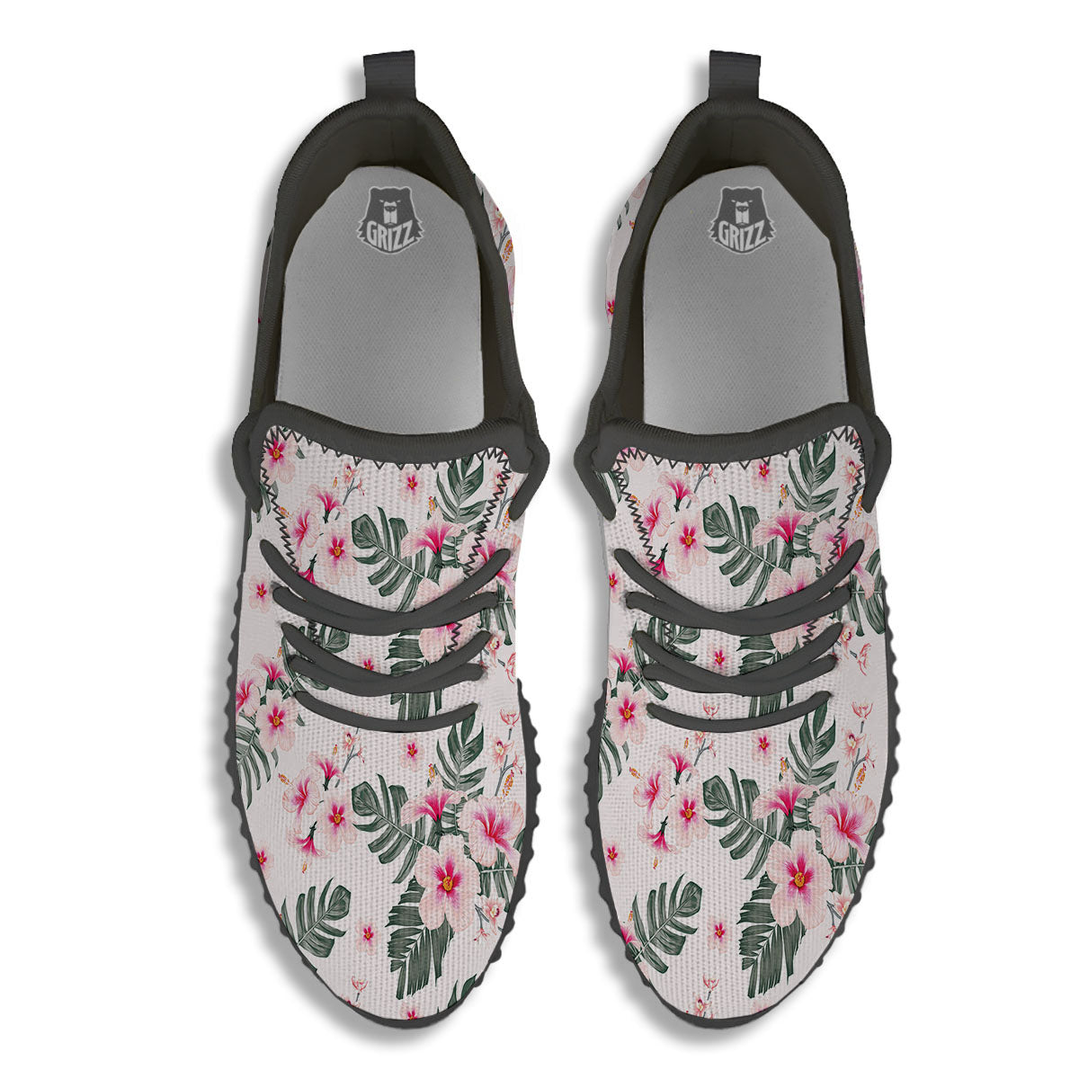 Tropical Pink Hibiscus Print Pattern Black Walking Shoes-grizzshop