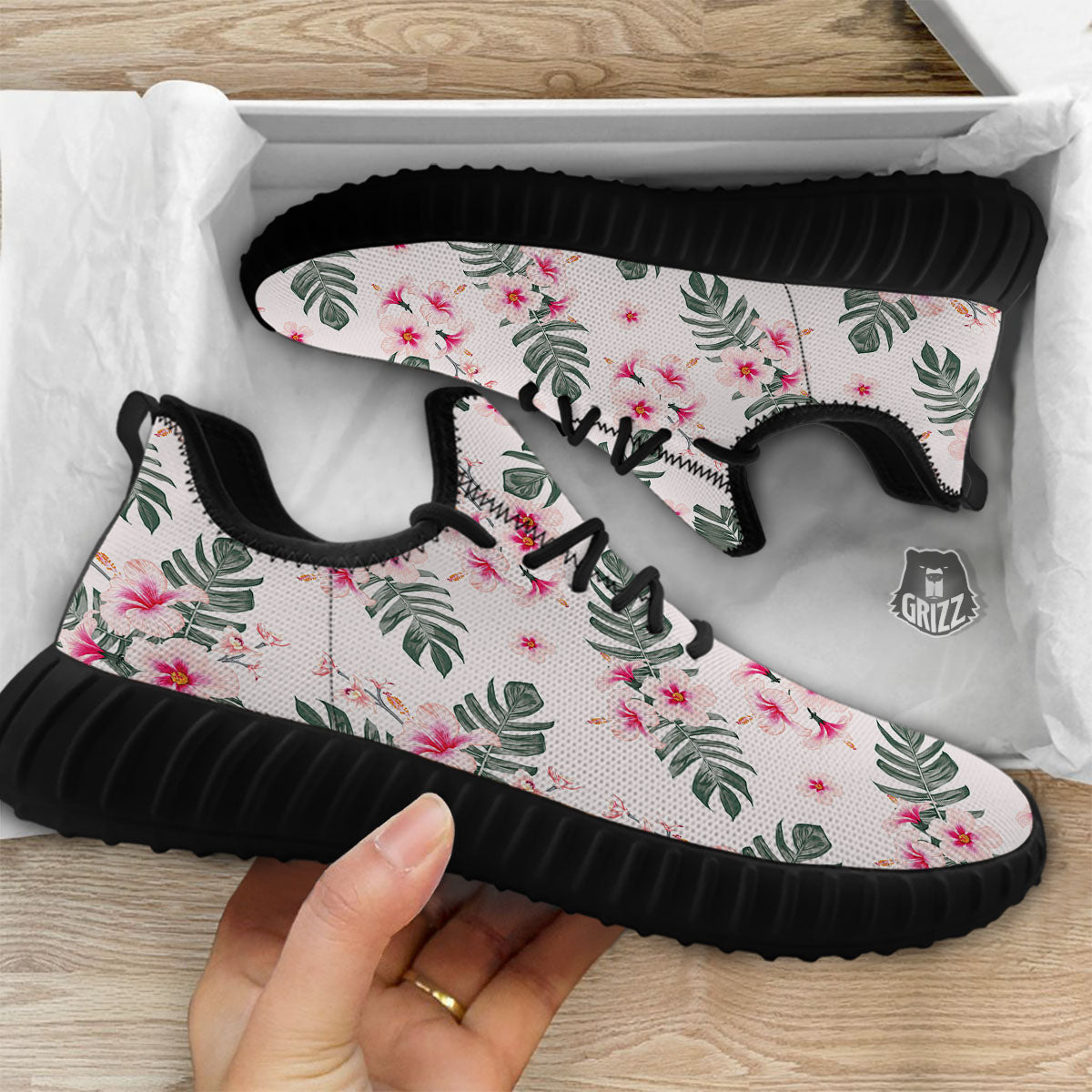Tropical Pink Hibiscus Print Pattern Black Walking Shoes-grizzshop