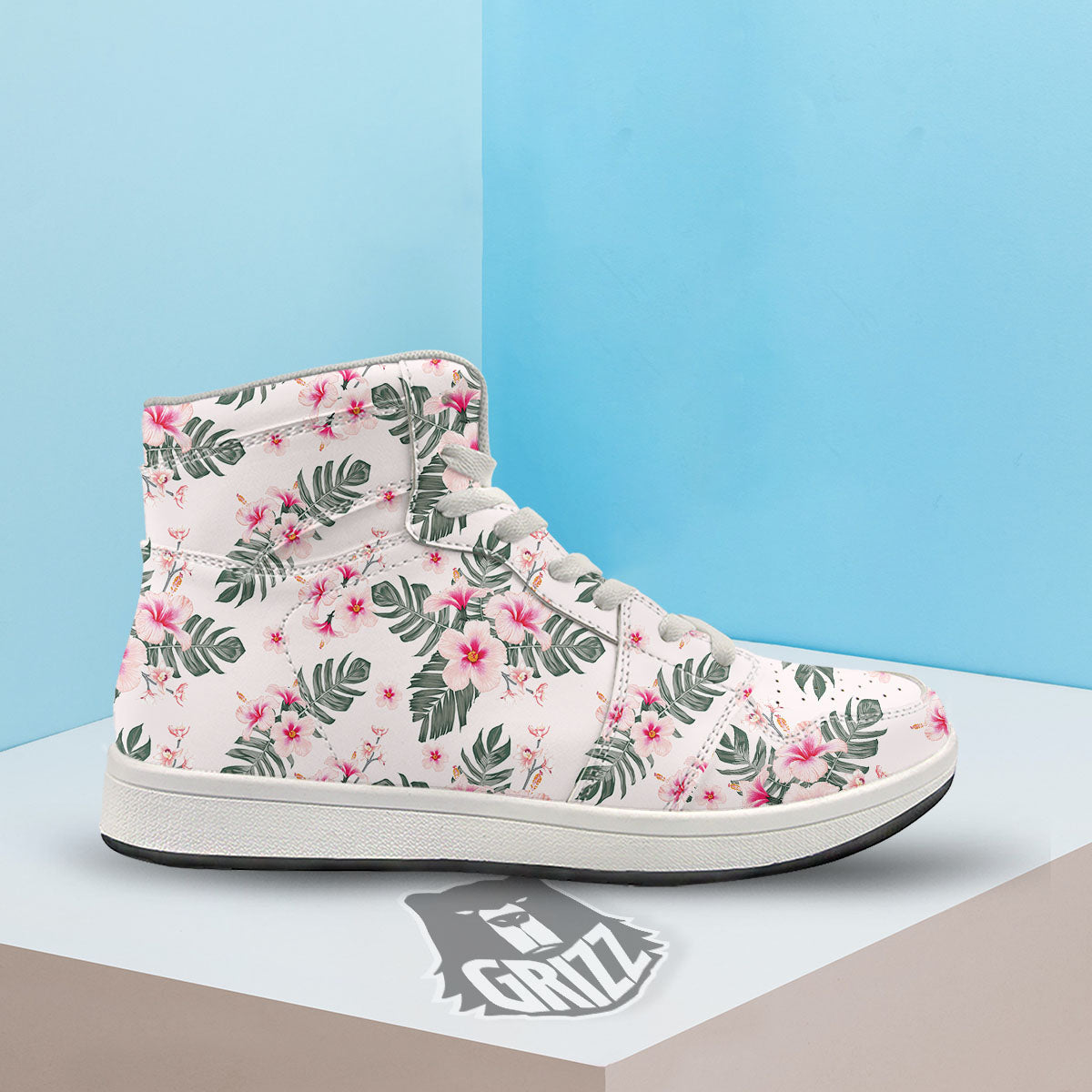 Tropical Pink Hibiscus Print Pattern High Top Sneakers-grizzshop