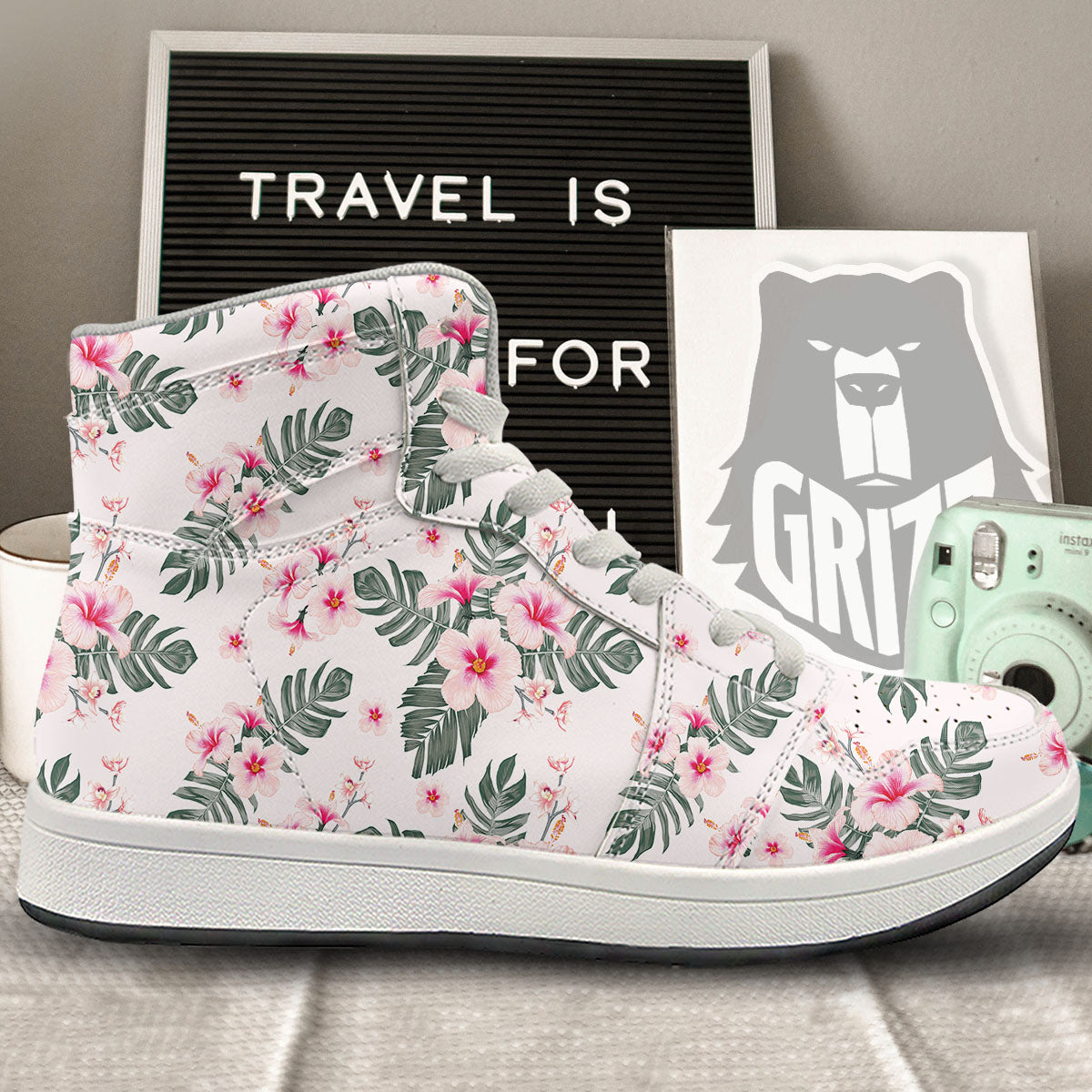 Tropical Pink Hibiscus Print Pattern High Top Sneakers-grizzshop