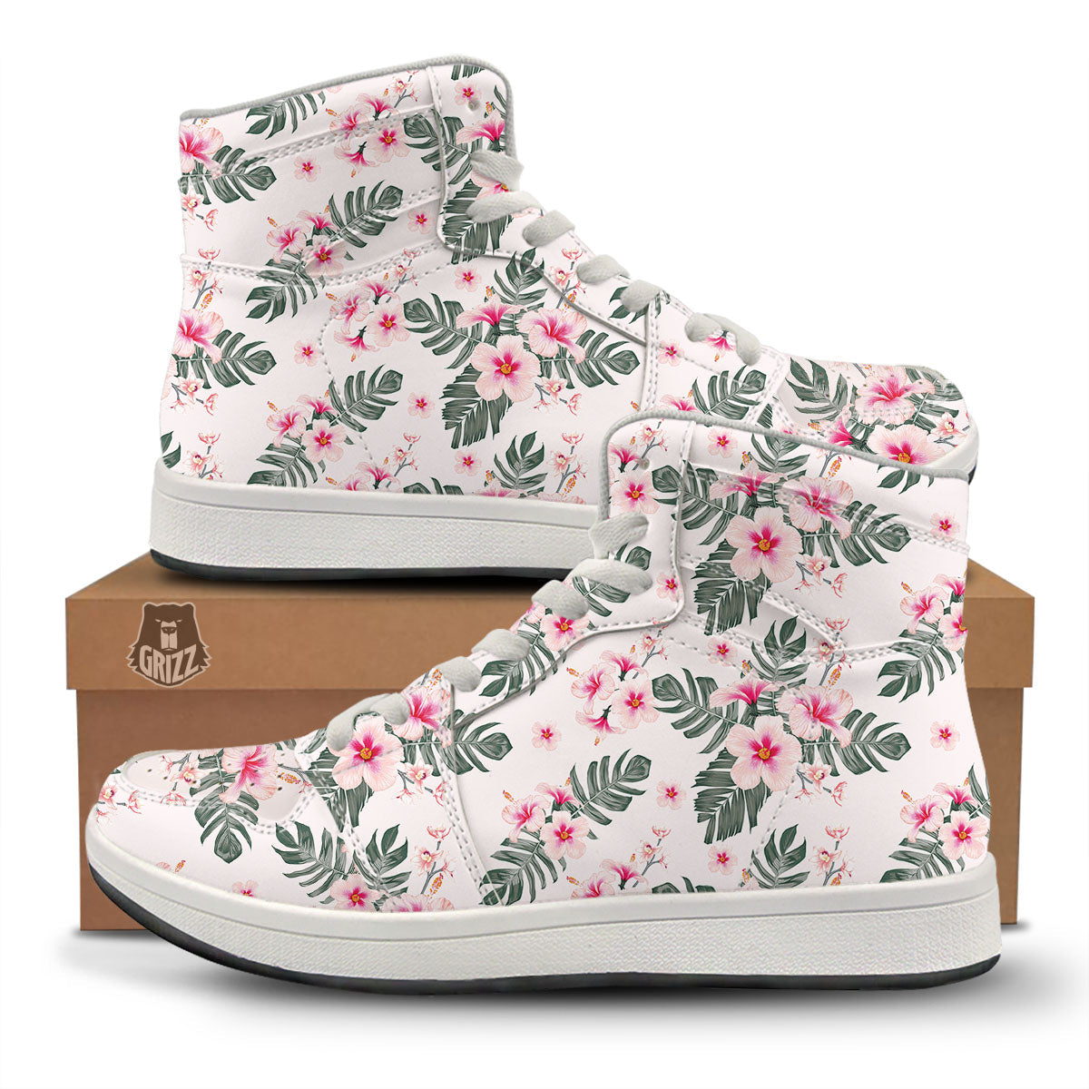 Tropical Pink Hibiscus Print Pattern High Top Sneakers-grizzshop