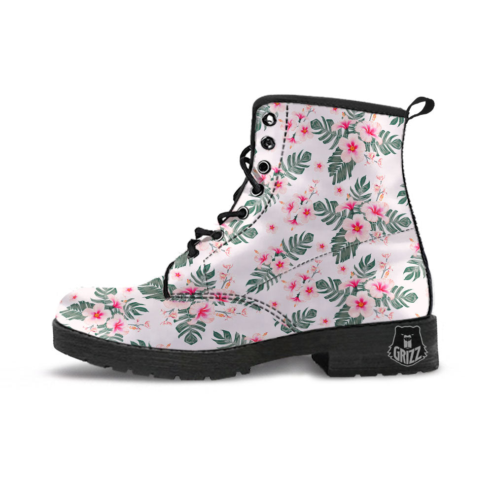 Tropical Pink Hibiscus Print Pattern Leather Boots-grizzshop