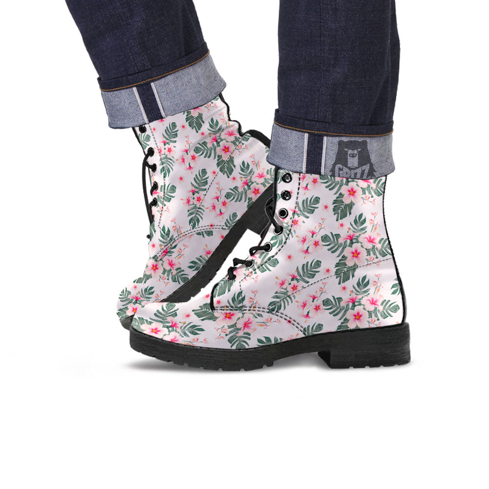 Tropical Pink Hibiscus Print Pattern Leather Boots-grizzshop