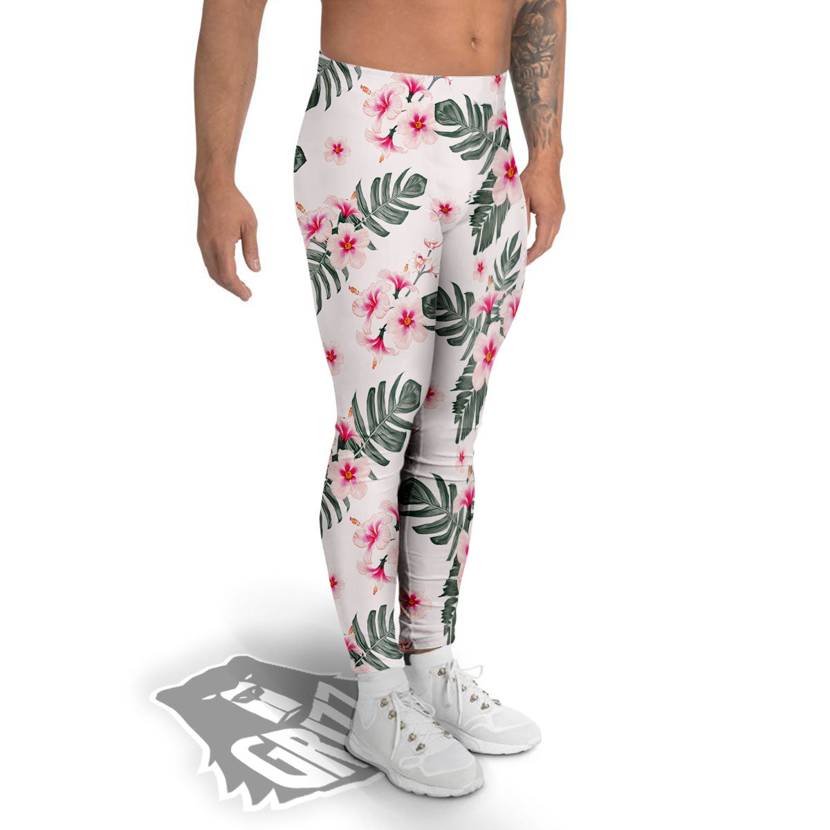 Tropical Pink Hibiscus Print Pattern Men's Leggings-grizzshop