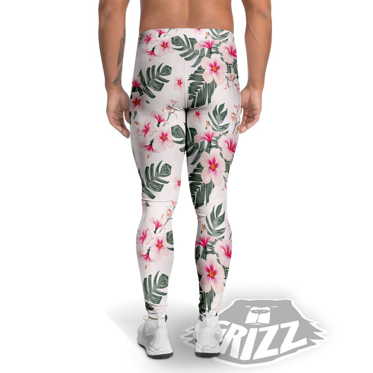 Tropical Pink Hibiscus Print Pattern Men's Leggings-grizzshop