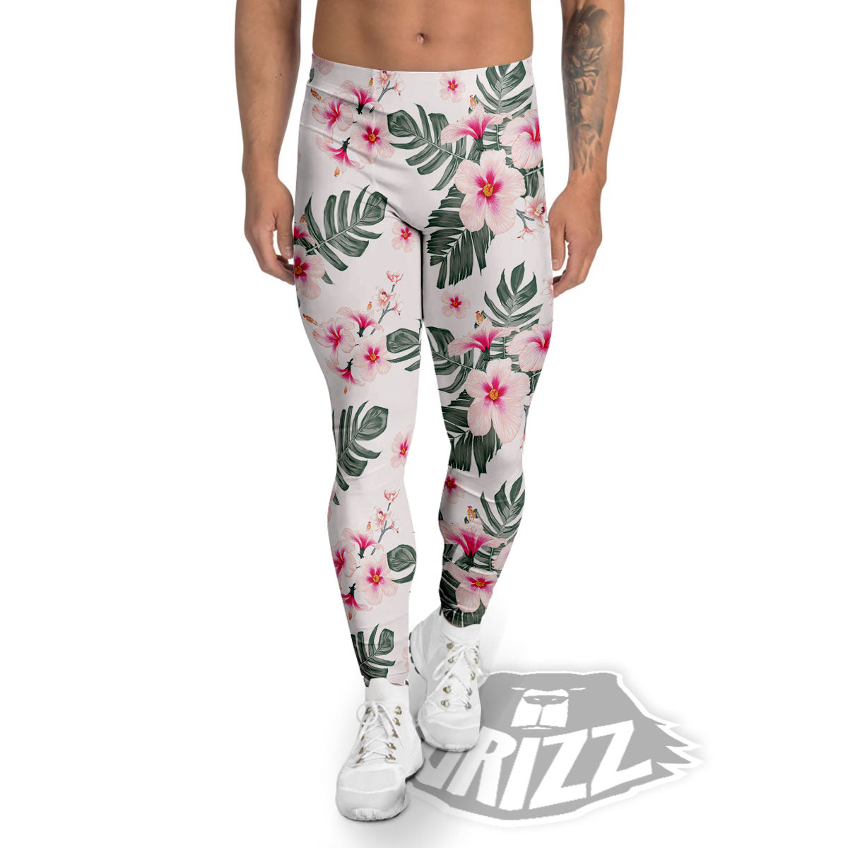 Tropical Pink Hibiscus Print Pattern Men's Leggings-grizzshop